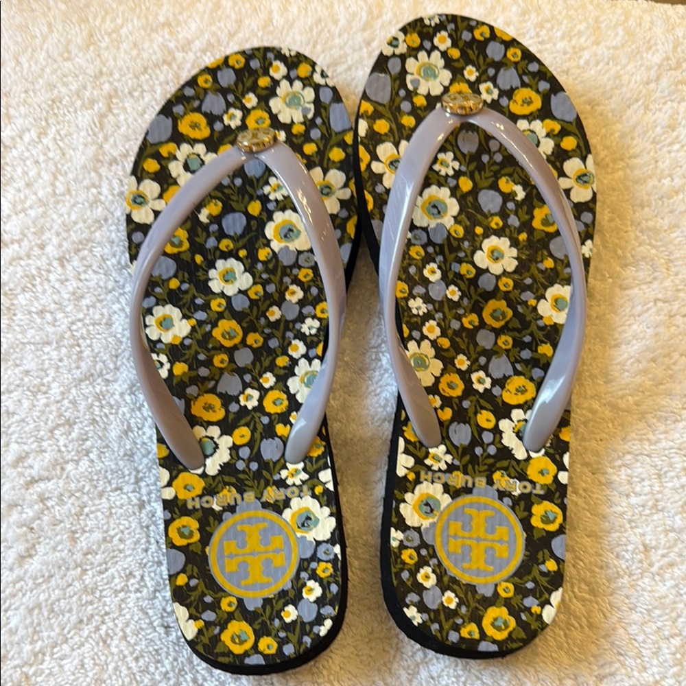 Tory Burch Yellow and Gray Floral Sandals